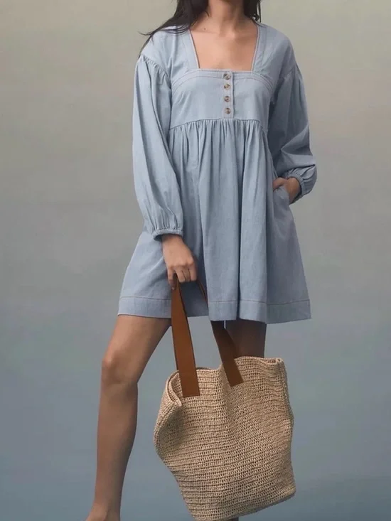 By Anthropologie Long-Sleeve Square-Neck Denim Babydoll Mini Dress size M - Picture 1 of 8